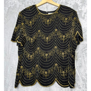Papell Boutique Evening Womens 3X Black Gold Beaded 100% Silk NEW Formal Party